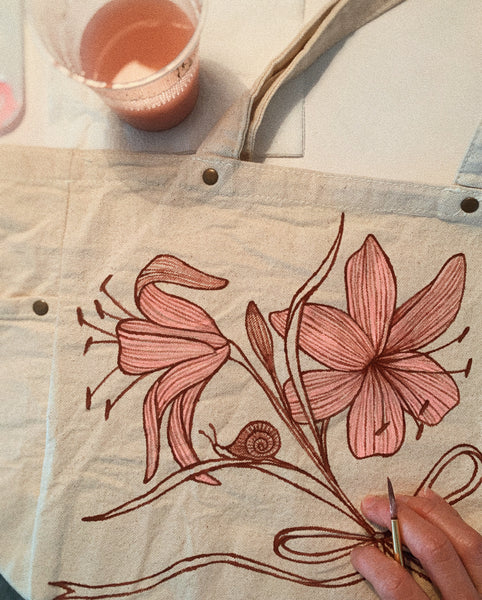 S E C O N D S ~ Hand Painted Canvas Bag, Tiger Lily & Snail