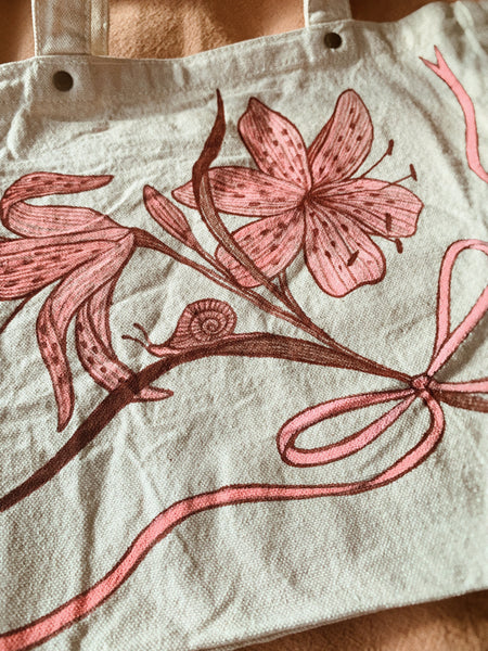 S E C O N D S ~ Hand Painted Canvas Bag, Tiger Lily & Snail