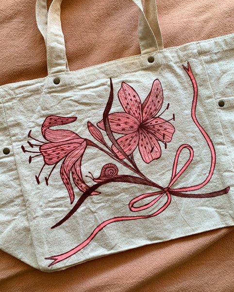 S E C O N D S ~ Hand Painted Canvas Bag, Tiger Lily & Snail